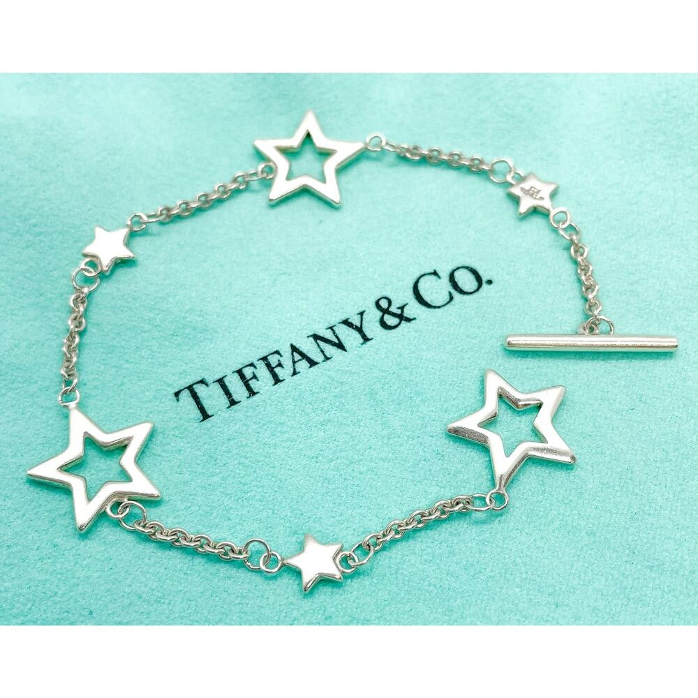 Tiffany & Co. Silver Star Lariat Link Toggle Chain Bracelet Rare 6.75" w/ Pouch